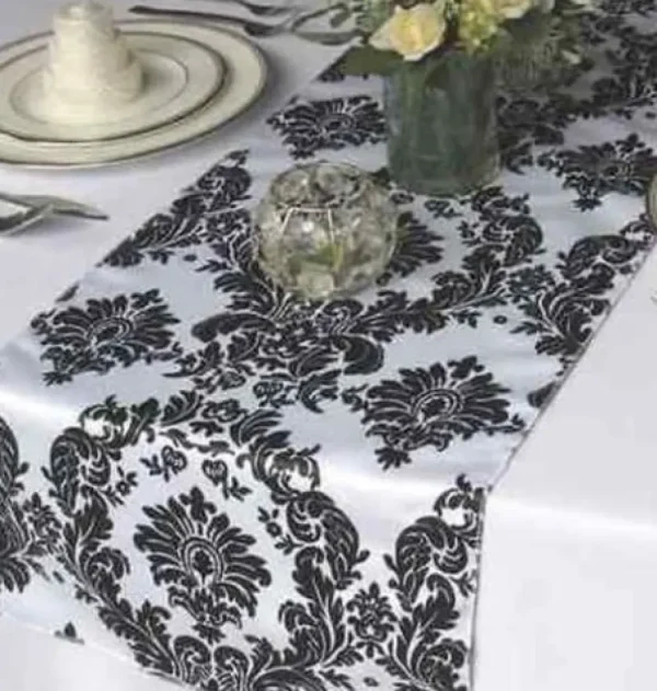 Hot Tablecloth Market 50 Pack Flocked Taffeta Damask 12" x 108" Top Table Runner Black White Wedding"